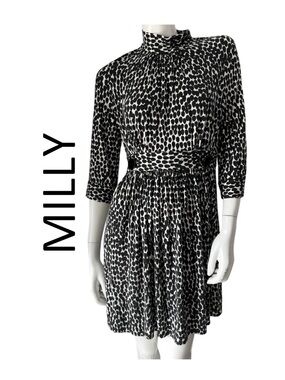 Milly Black and White Dot-Print High Neck Long Sleeve Dress